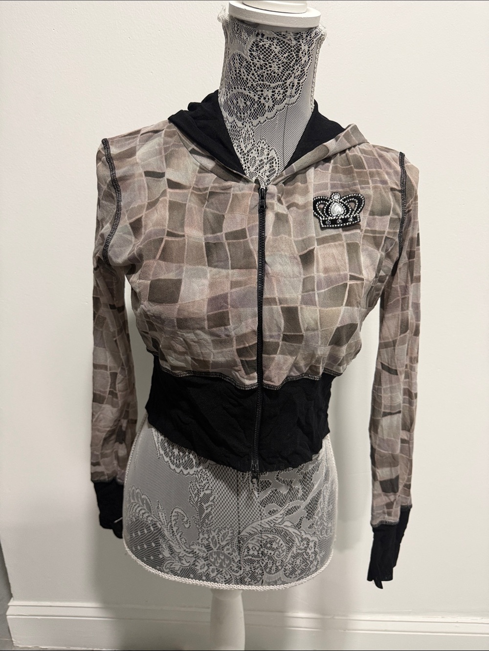 Women's Mosaic Print Hooded Bomber Jacket in Taupe and Black